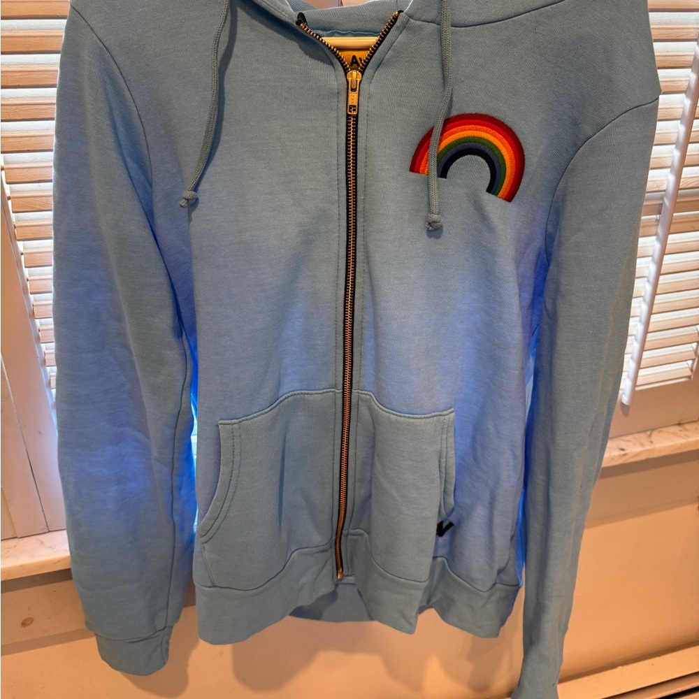 Aviator Nation Light Blue Hoodie with Rainbow Detail